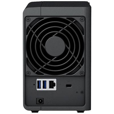 Achterkant van een opslagapparaat met ventilator, twee USB-poorten, een LAN-aansluiting en een stroomaansluiting.