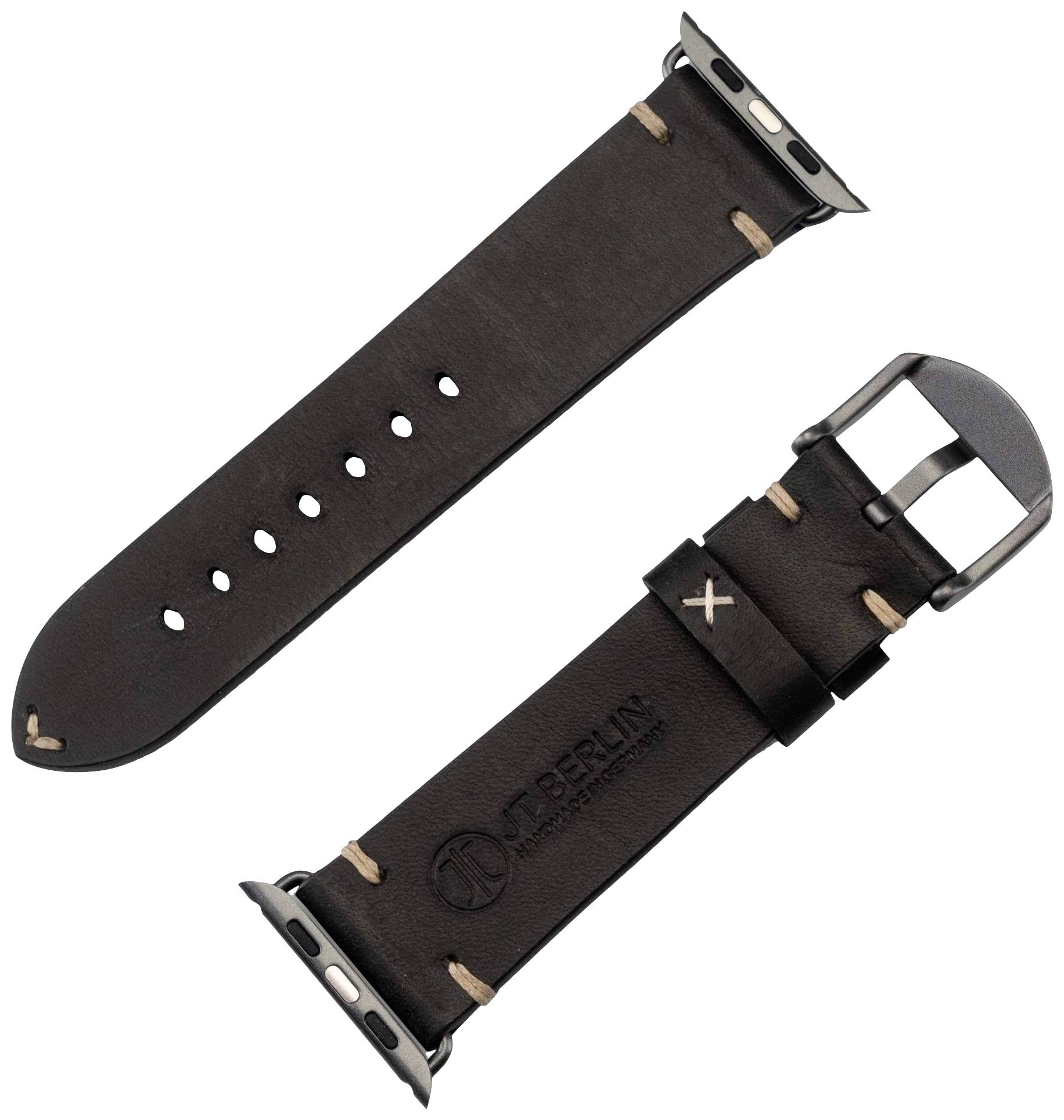 Twee bruine leren armbanden met zwarte gesp. Eén is plat, de andere gebogen met zichtbare naden en logo.