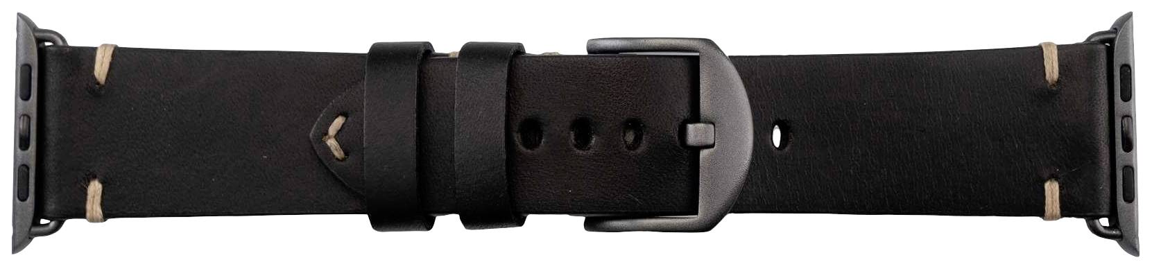 Zwart leren armband met metalen gesp, een strak design.