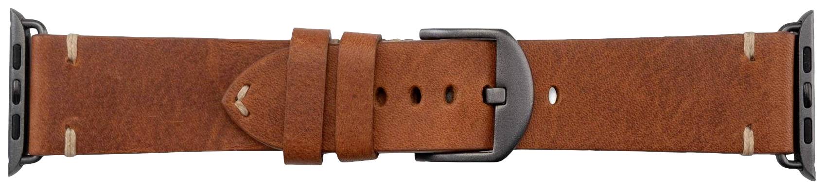 Bruin-gouden leren horlogeband met zwarte gespen en stiksels. Geschikt voor formele of casual gelegenheden.