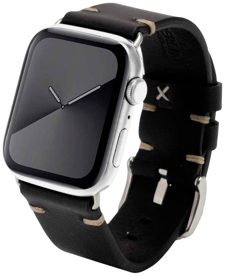 Smartwatch met zwarte wijzerplaat en leren polsband. Geen zichtbare schade of tekenen van slijtage. Links op de band een 'XX'-symbool.