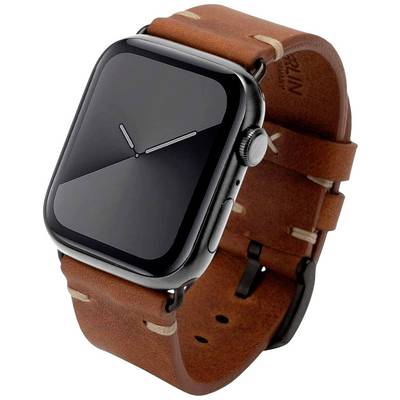 Een smartwatch met een zwarte wijzerplaat en zwarte behuizing. De band is bruin en van leer. Hij geeft geen tijd aan.