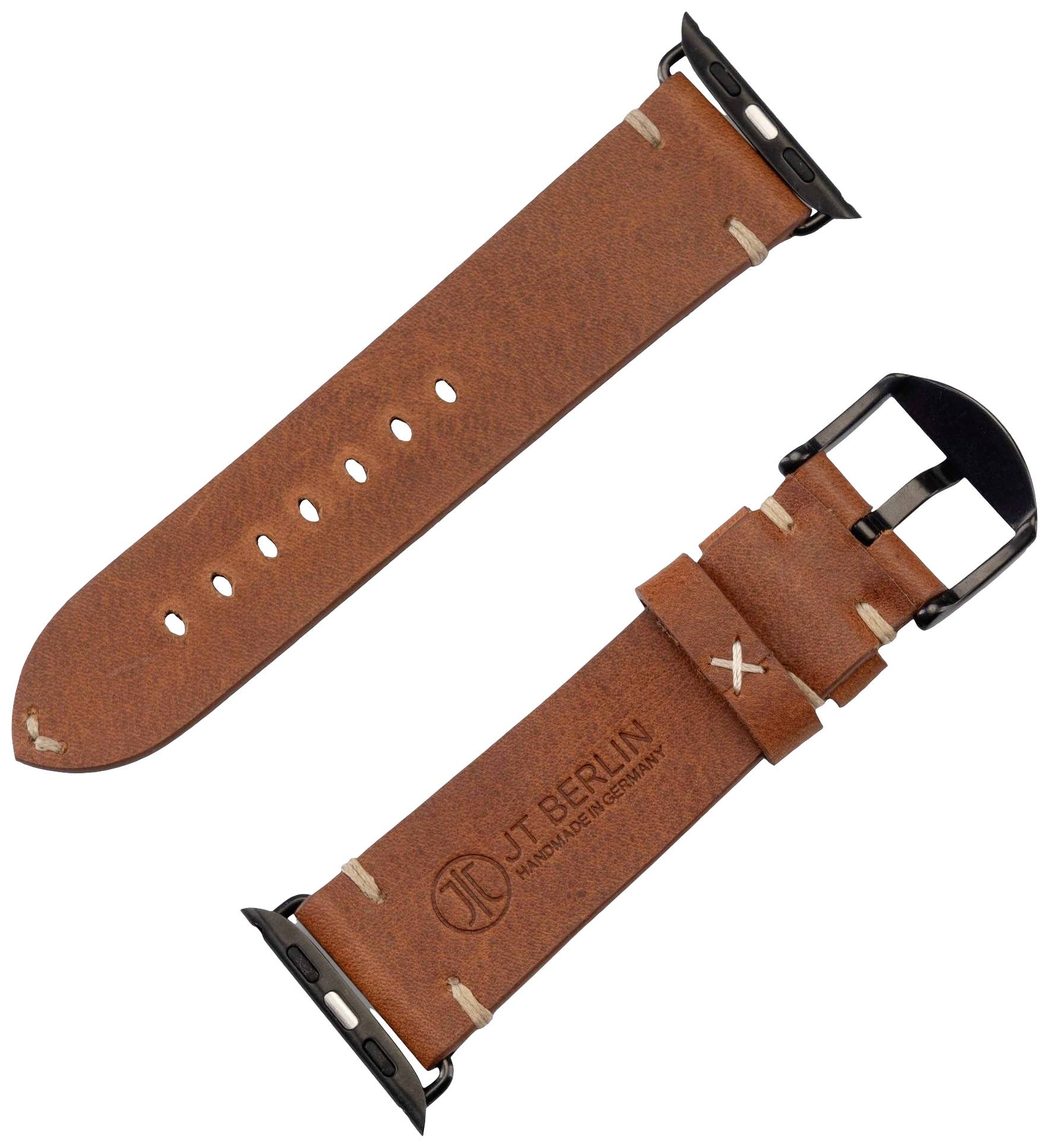 Bruine leren armband met zwarte gesp en meerdere gaten voor maatverstelling. Merknaam 'JT Berlin' bedrukt.