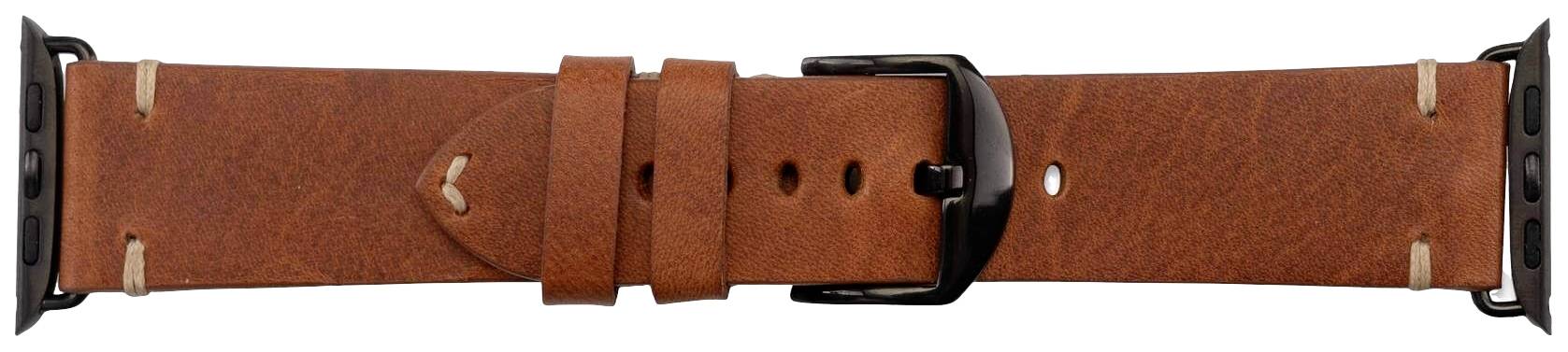 Bruine leren horlogeband met zwarte metalen gesp, horizontaal gepositioneerd.