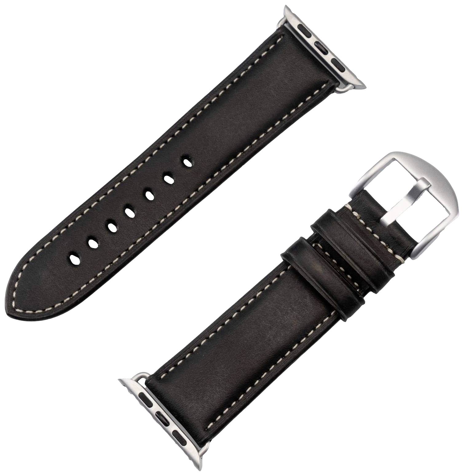 Zwart leren horloge-armband met witte stiksels en zilveren gesp, afzonderlijk weergegeven.