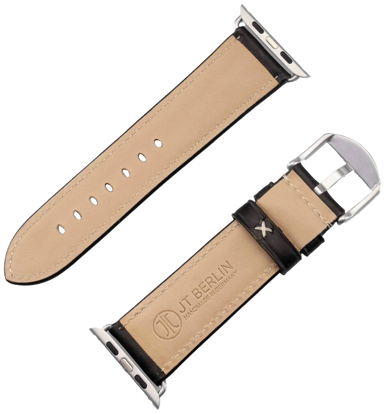 Twee bruine leren armbanden met zilveren gesp, één plat getoond, de andere gebogen. Merklogo 'JT Berlin' gegraveerd.