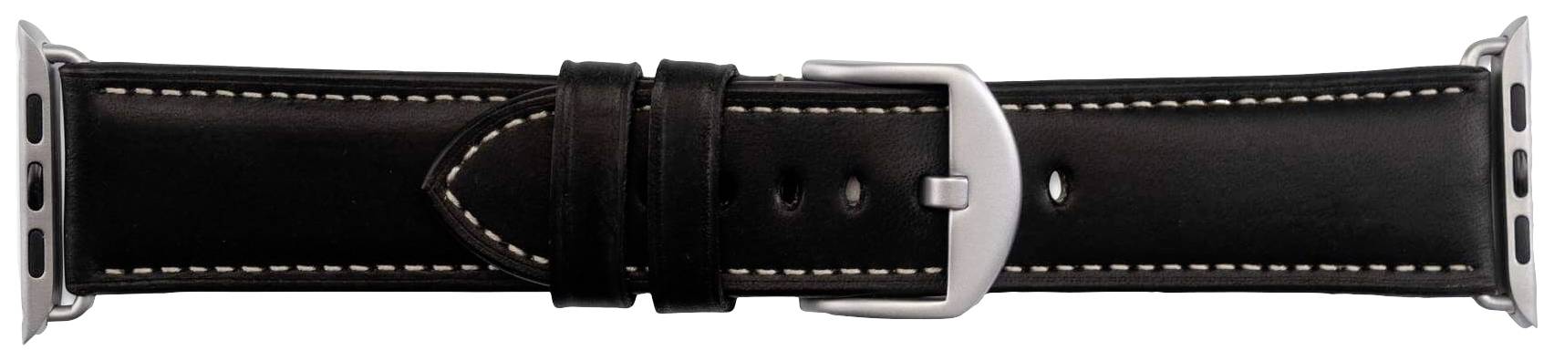 Zwart leren horlogebandje met zilveren gesp en witte stiksels, geschikt voor een horloge.