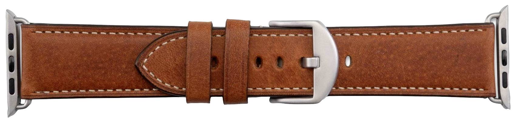 Een bruin leren horlogebandje met zilveren gesp en witte stiksels, weergegeven op een witte achtergrond.