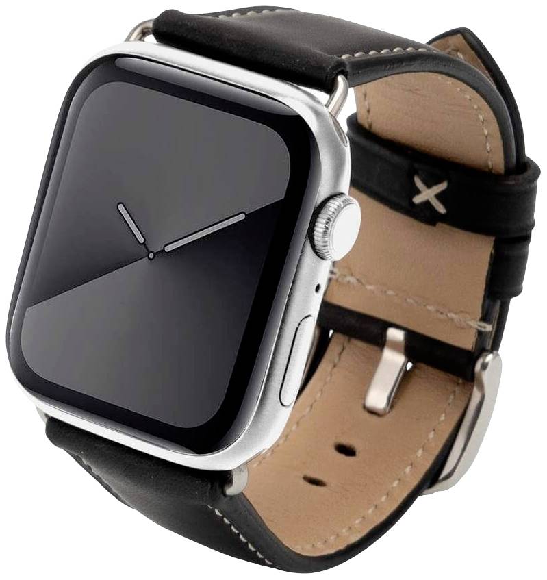 Smartwatch met een zwart leren polsband en een zilveren behuizing. Toont een analoge wijzerplaat.
