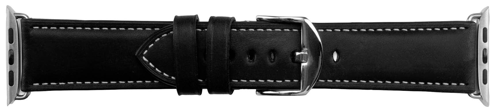Zwart leren armband met witte stiksels en zilveren gesp, horizontaal gepositioneerd.