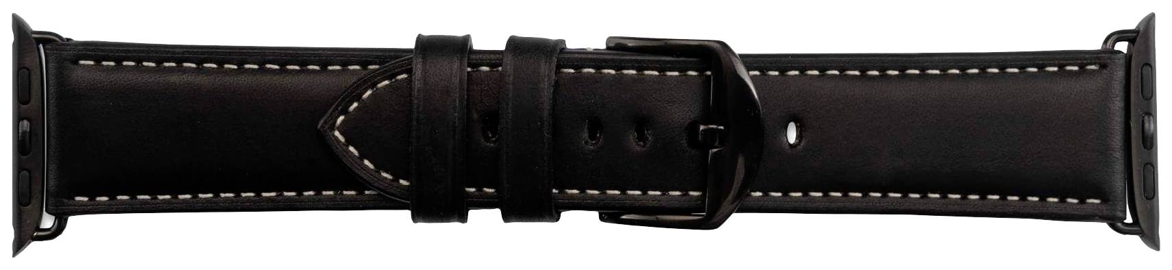 Zwart leren polsbandje met witte stiksels en een zwarte metalen sluiting, geschikt voor horloges.