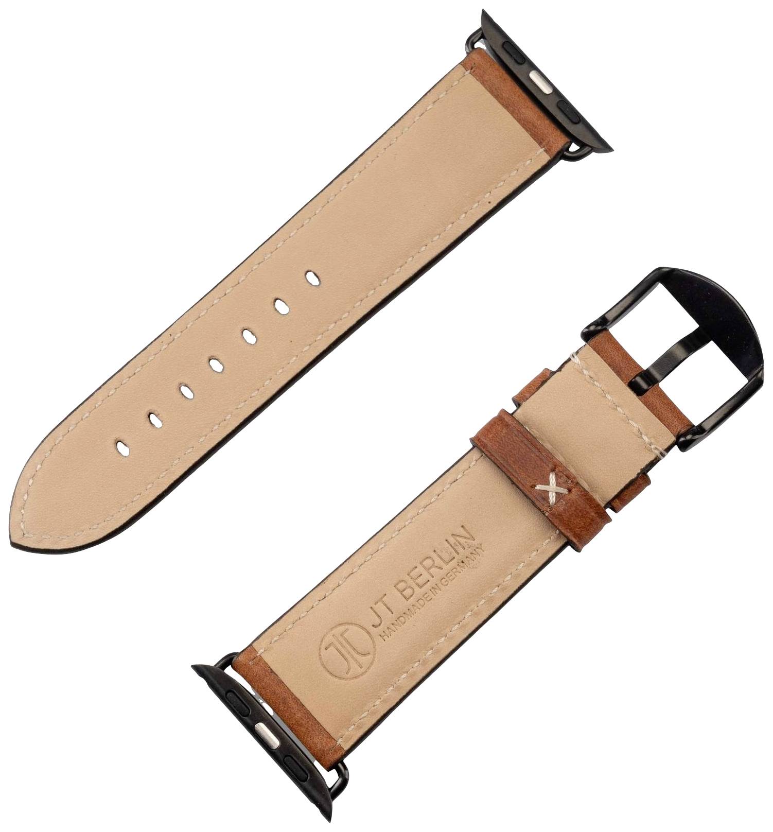 Beige-bruine leren polsband met zwarte sluitingen; opdruk 'JT Berlin'. Geschikt voor horloges.