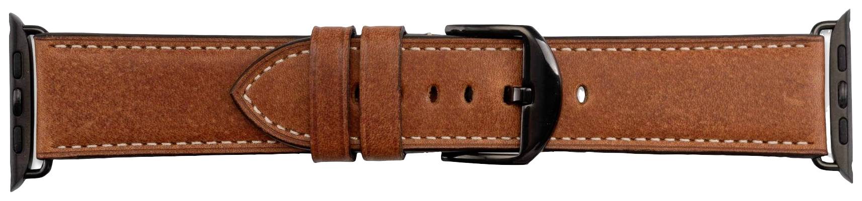 Bruine leren horlogeband met zwarte metalen gesp en witte stiksels, gecentreerd op een neutrale achtergrond.