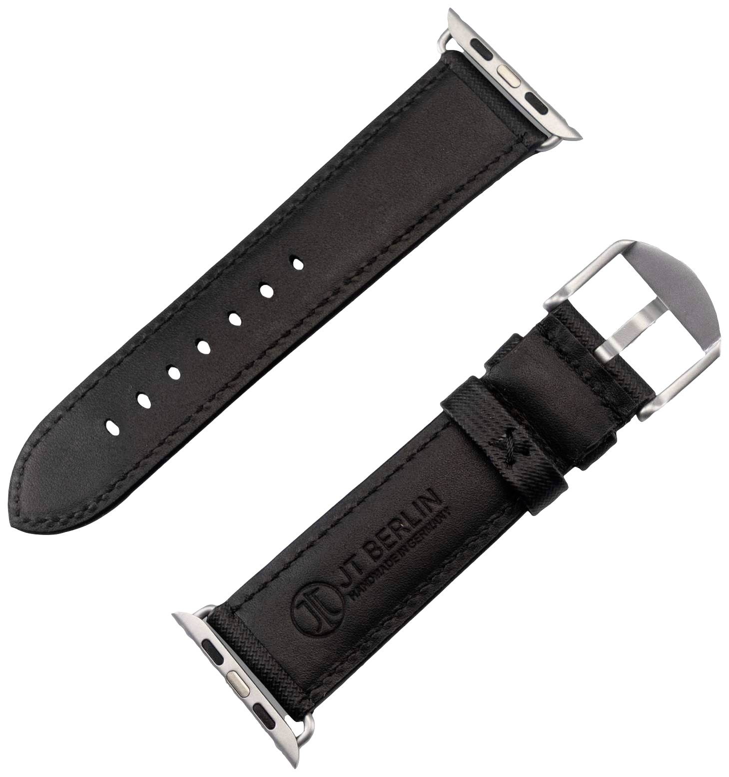 Zwart armband met metalen gespen, geschikt voor smartwatches. Toont het merklogo van JT Berlin.