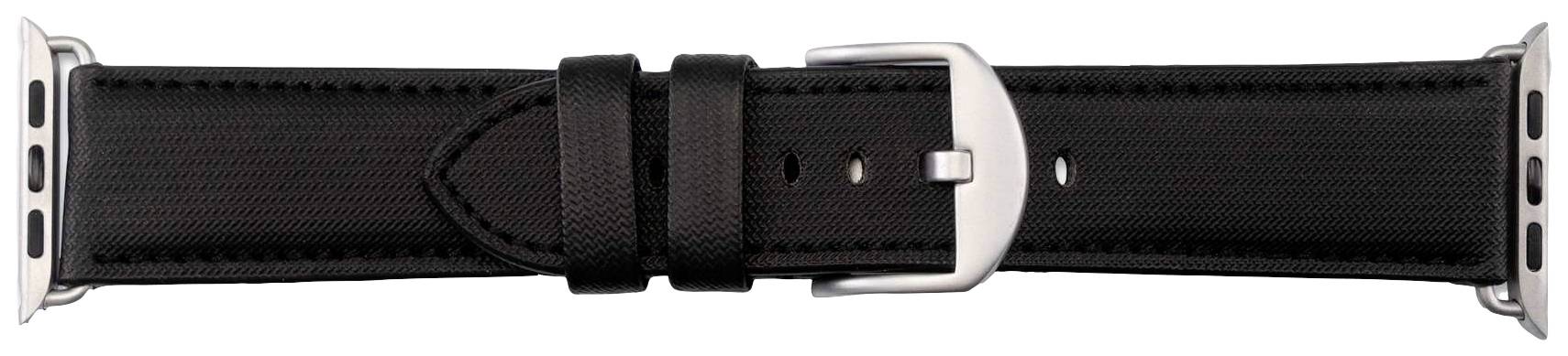 Zwart horlogebandje met zilveren gesp en bevestigingen, geschikt voor een smartwatch, op witte achtergrond.