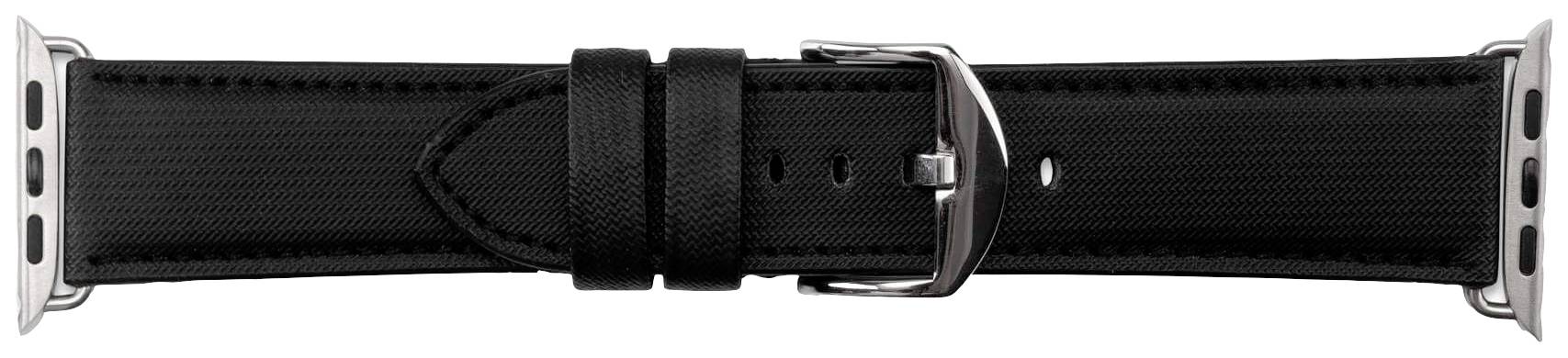 Zwart nylon horlogebandje met zilveren metalen gesp en adapters, geschikt voor smartwatches.