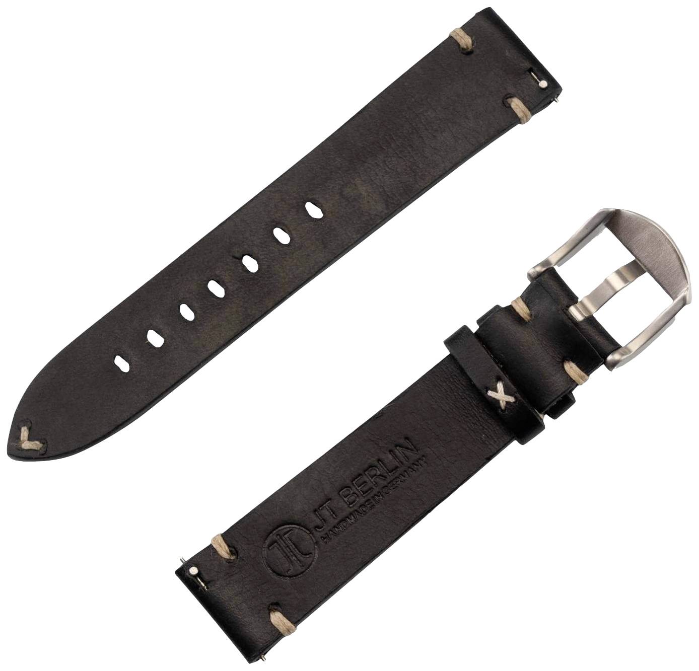 Bruin lederen horloge-armband met metalen gesp, decoratieve stiksels en de naam 'J. T. Berlin'.