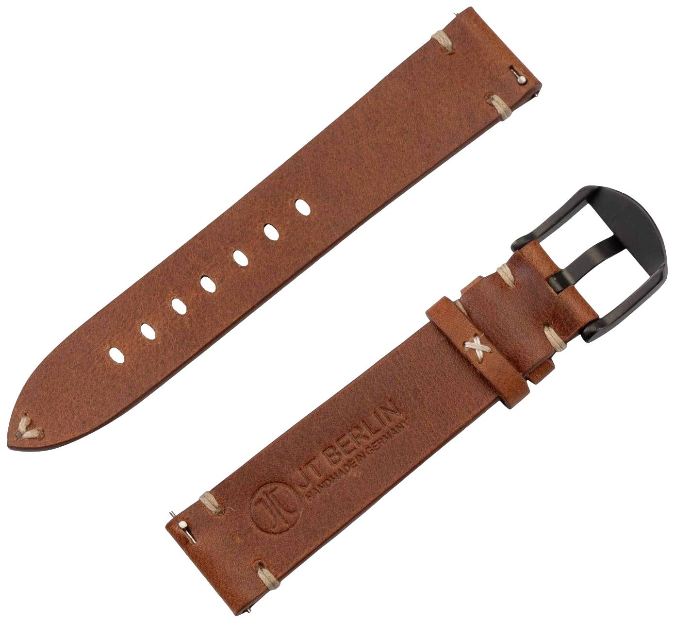Bruin leren armband met metalen gesp; gegraveerd met 'JUNGBERLIN Made in Germany'. Geschikt voor horloges met verwisselbare banden.