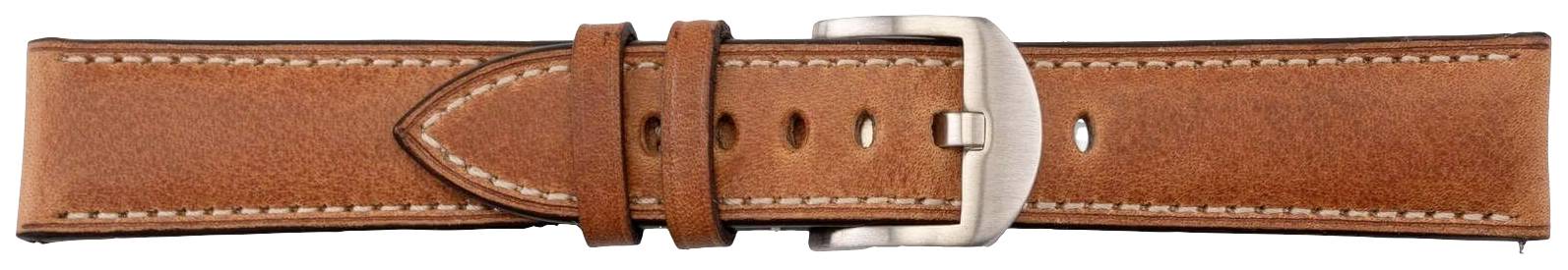 Bruin leren horlogeband met metalen gesp, geschikt voor horloges, met precieze stiksels en meerdere verstelmogelijkheden voor een persoonlijke pasvorm.