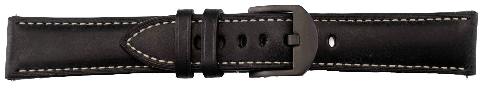 Een zwarte leren armband met witte stiksels en een zwarte gesp. Hij is plat uitgelegd en toont details van de afwerking.