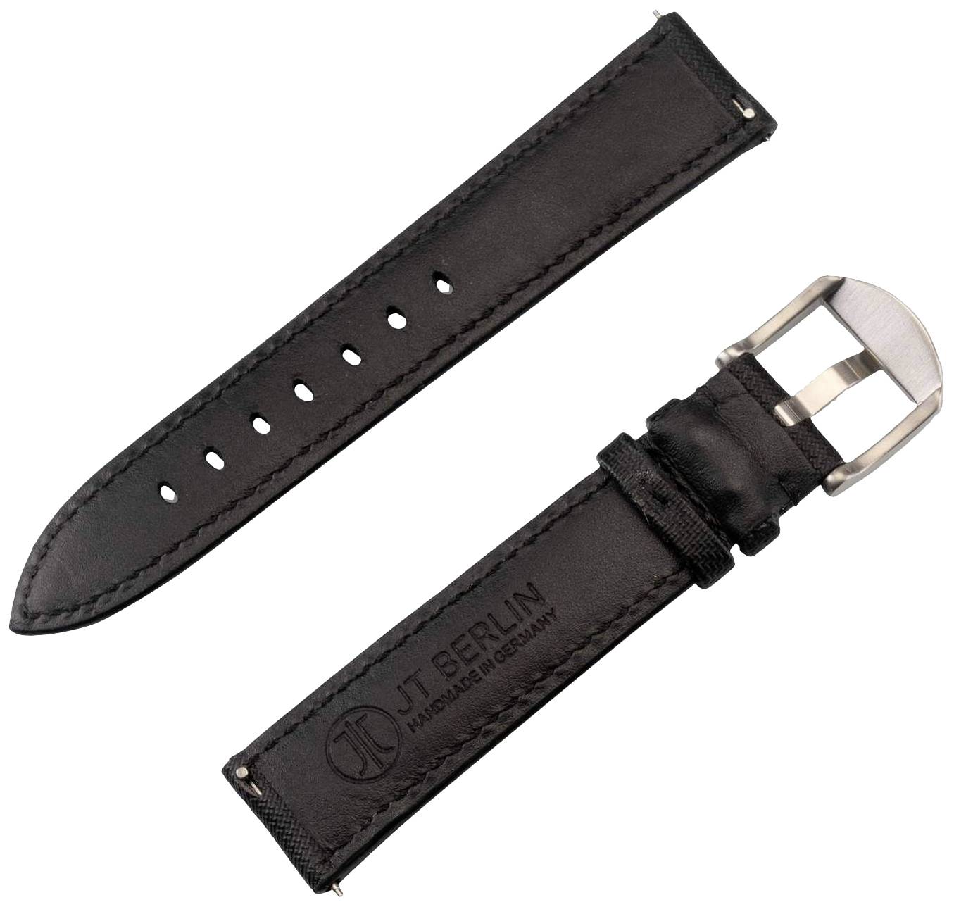 Leren riemen met metalen gesp, zwarte bovenkant. Aan de onderkant staat een opdruk: 'JT Berlin, Handmade in Germany'.