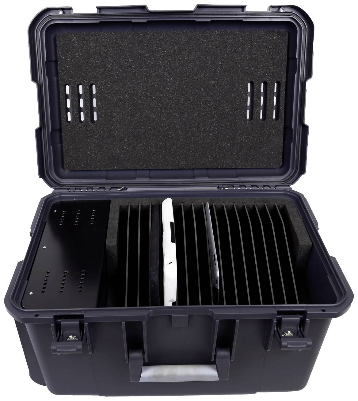 Open zwarte koffer met meerdere compartimenten, ontworpen voor de veilige opslag van elektronische apparaten.