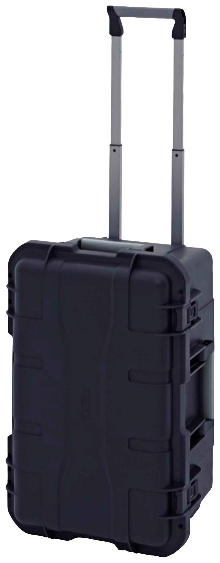 Zwarte hardcase koffer met telescopische handgreep en wielen, rechtop staand. Ideaal voor het vervoeren van gevoelige apparatuur.