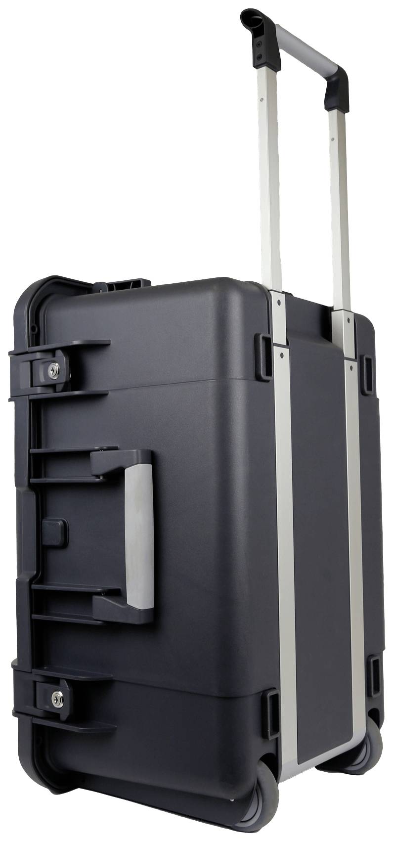 Zwarte harde koffer met uittrekbare handgreep en wielen, staand rechtop. Geschikt voor reizen of het vervoeren van gevoelige apparatuur.