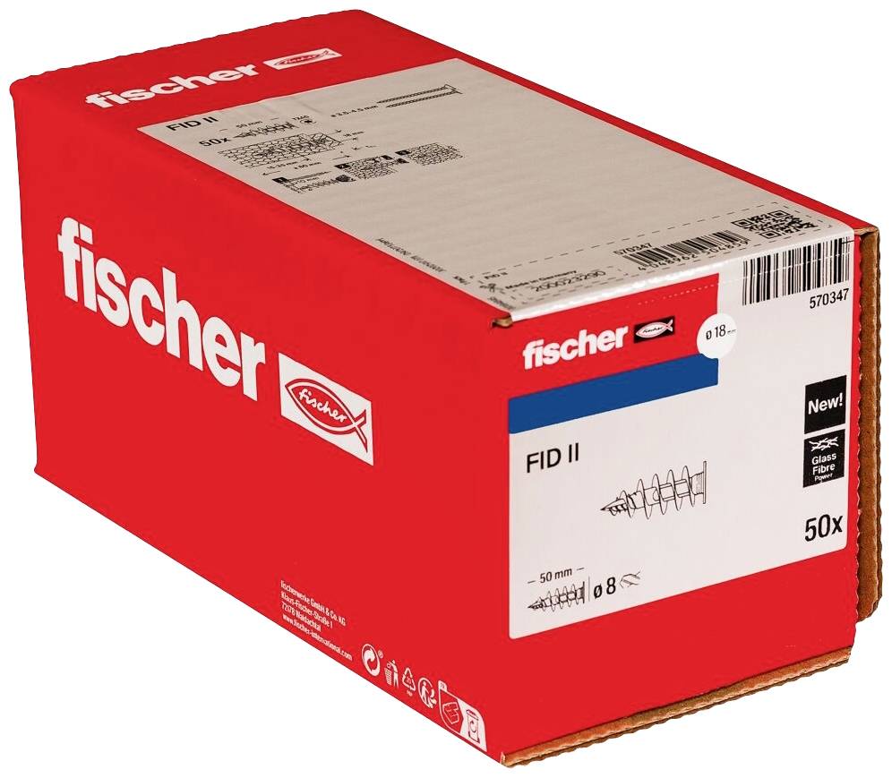 Een rode verpakkingsdoos van Fischer, gemarkeerd met 'FID II', bevat 50 eenheden van een bevestigingselement.