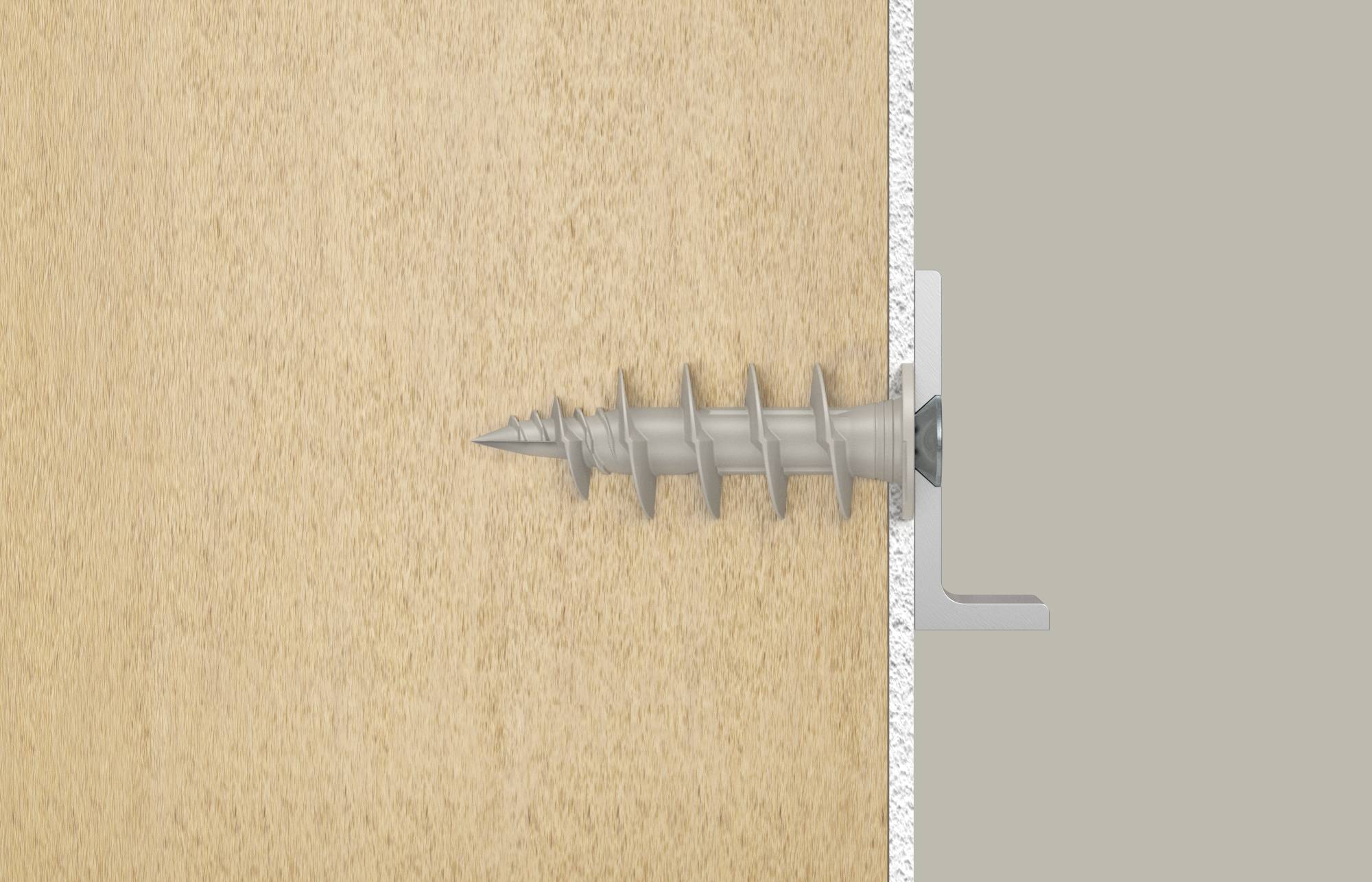Dwarsdoorsnede van een schroef die een metalen beugel aan een houten paneel bevestigt, waarbij de schroef door het wandmateriaal verankerd is.
