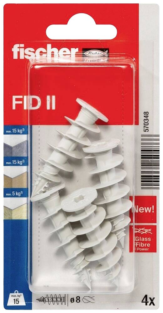 Packaging of fischer FID II, shows four white wall plugs in a blister pack. Brand name at the top, beneath signs: '15 kg' and '5 kg'. Suitable for drywall and insulation materials.