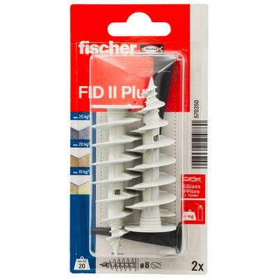 Verpakking voor Fischer FID II Plus wandankers, 2-delige set met boormaat en draagvermogen weergegeven op de doos.