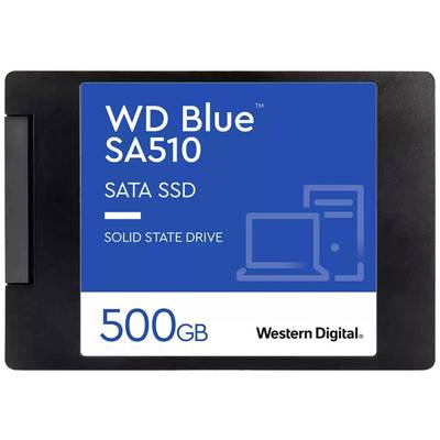 'WD Blue SA510 SATA SSD, Solid State Drive, 500GB, Western Digital'. Op de verpakking zijn symbolen voor computer en laptop afgebeeld.