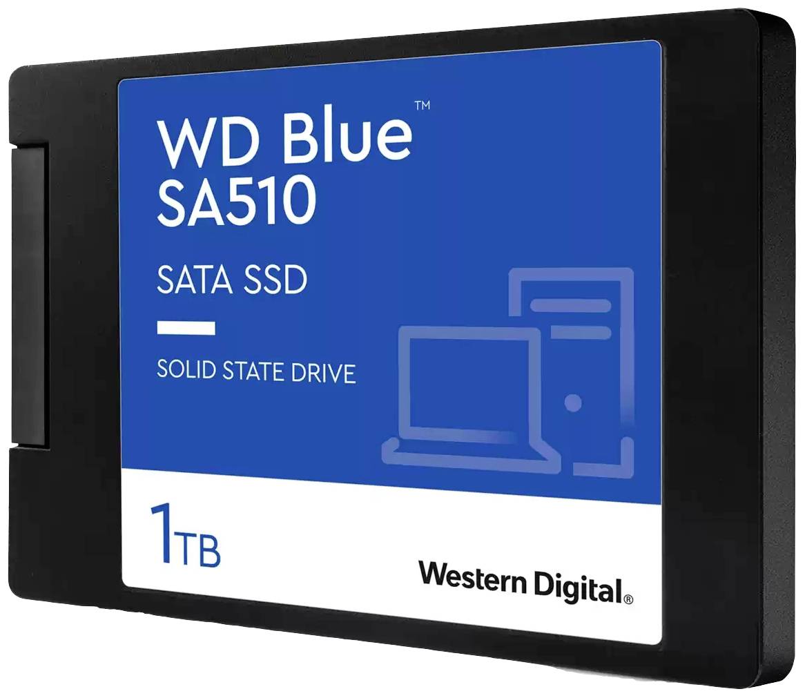 SSD-schijf van Western Digital, model 'WD Blue SA510', 1 TB capaciteit, SATA-verbinding, met afbeelding van computer en laptop.