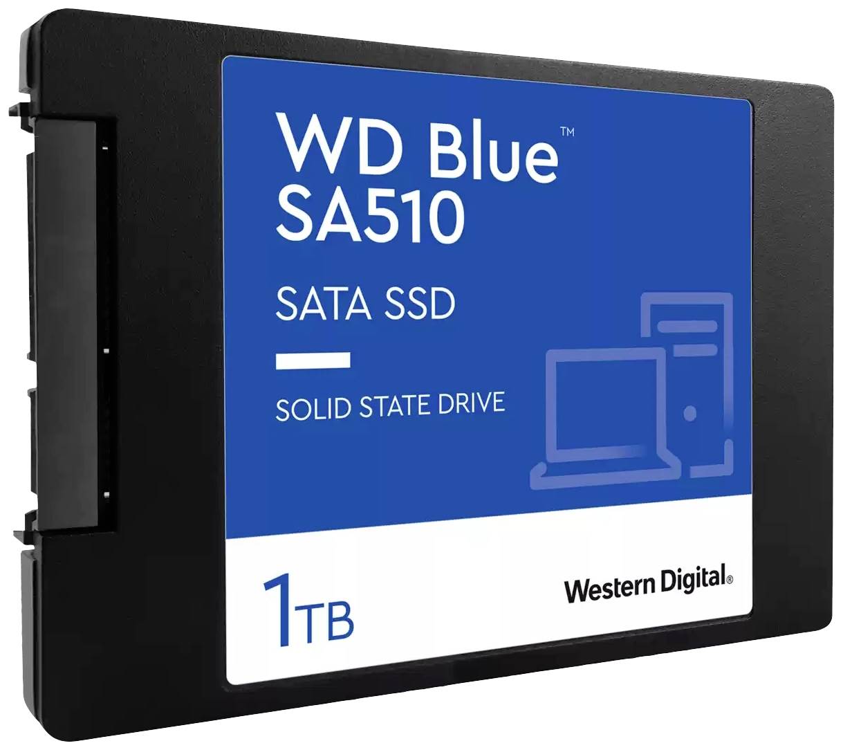 Een WD Blue SA510 SATA SSD, 1TB, van Western Digital, met een blauw etiket.