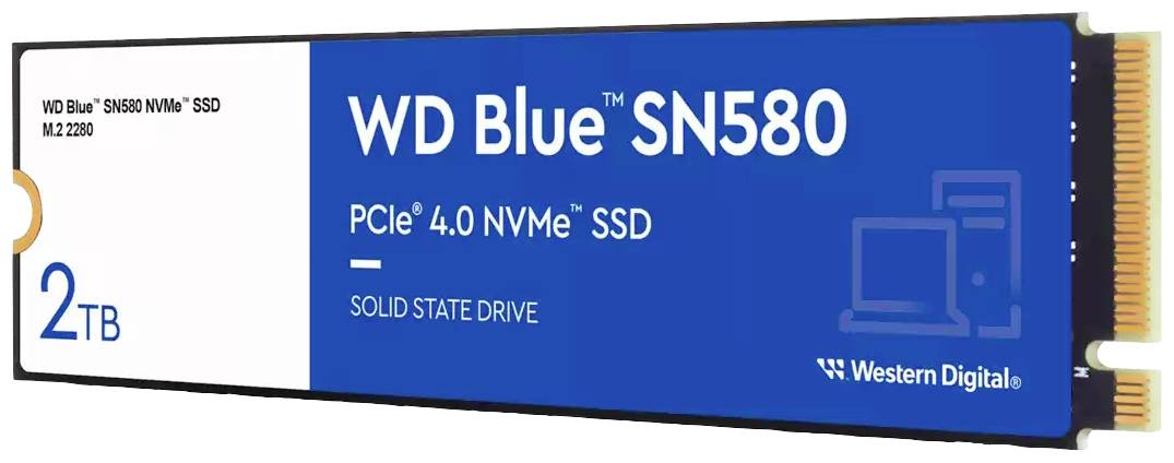 'WD Blue SN580' SSD met 2 TB opslagcapaciteit, PCIe 4.0 NVMe type, M.2 2280 formaat, van Western Digital.