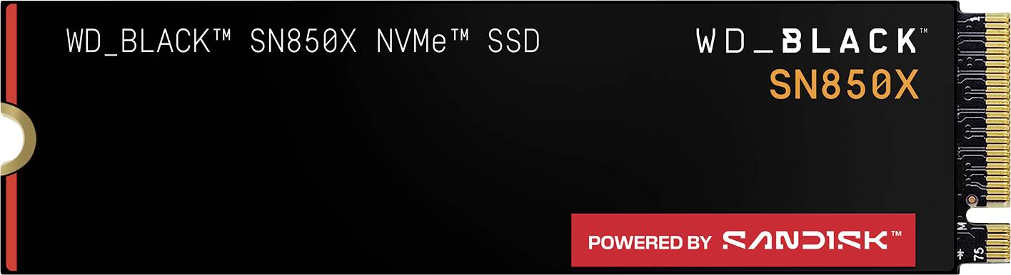 'WD_BLACK SN850X NVMe SSD' met 'Powered by SanDisk' label, zwart ontwerp met goud- en witaccenten.