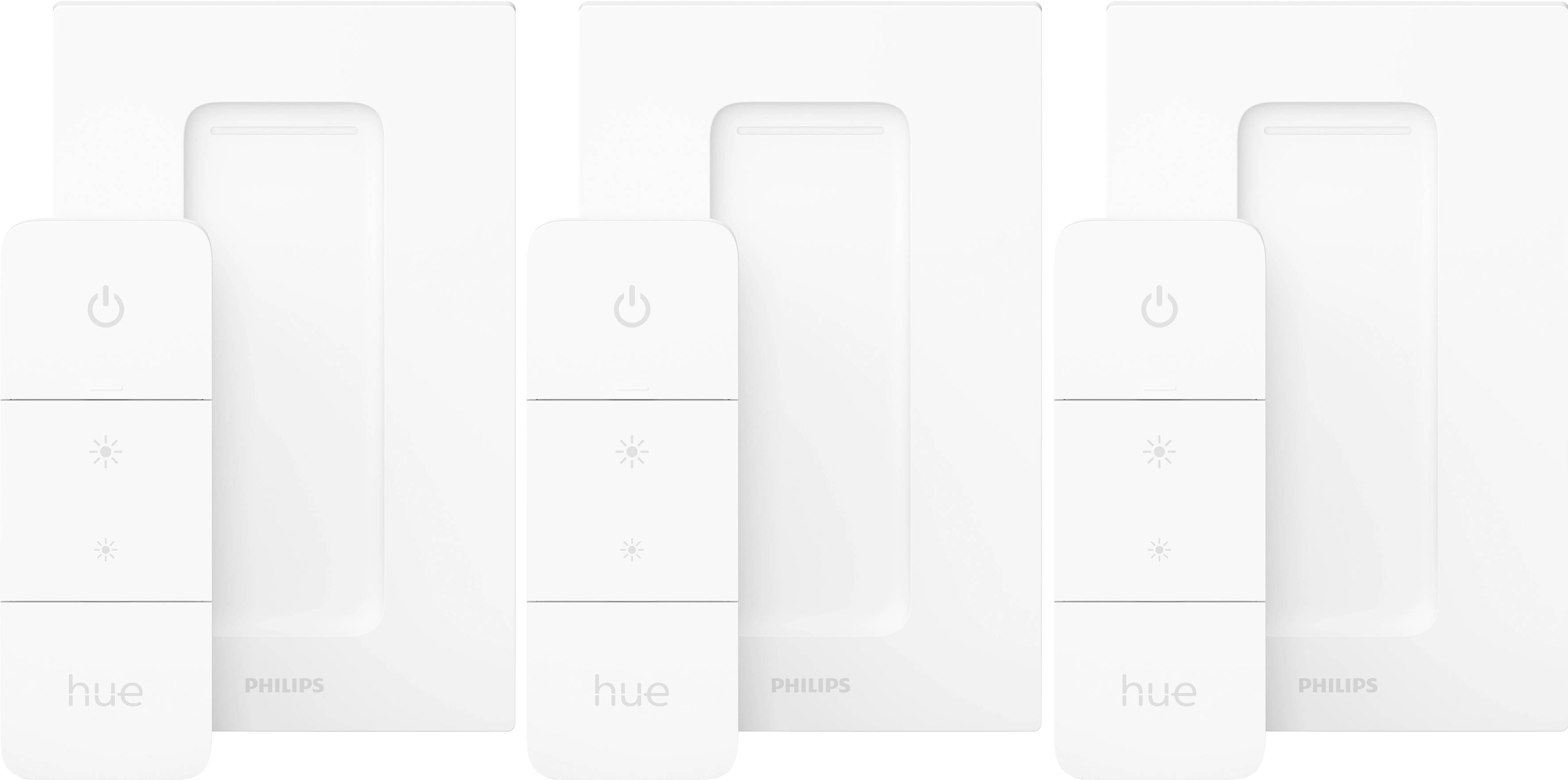 Twee witte Philips Hue dimschakelaars met wandhouders. De schakelaars hebben elk twee knoppen voor helderheid en aan-/uitzetten.