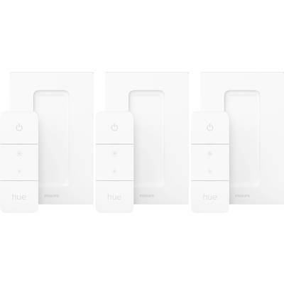 Twee witte Philips Hue dimschakelaars met wandhouders. De schakelaars hebben elk twee knoppen voor helderheid en aan-/uitzetten.