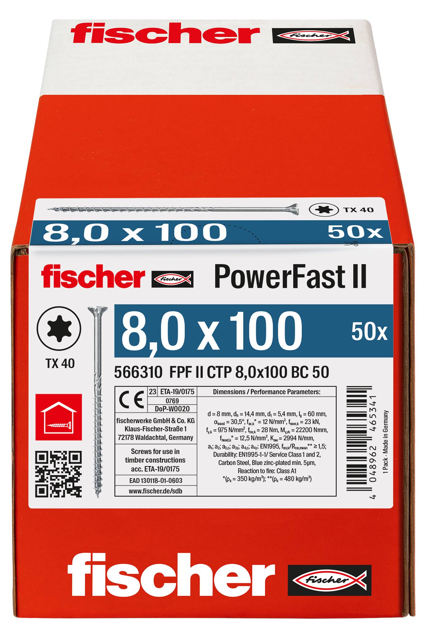 Fischer PowerFast II doos met 50 TX40 schroeven, gelabeld 8.0 x 100, met productdetails en streepjescode op rood-wit verpakking.