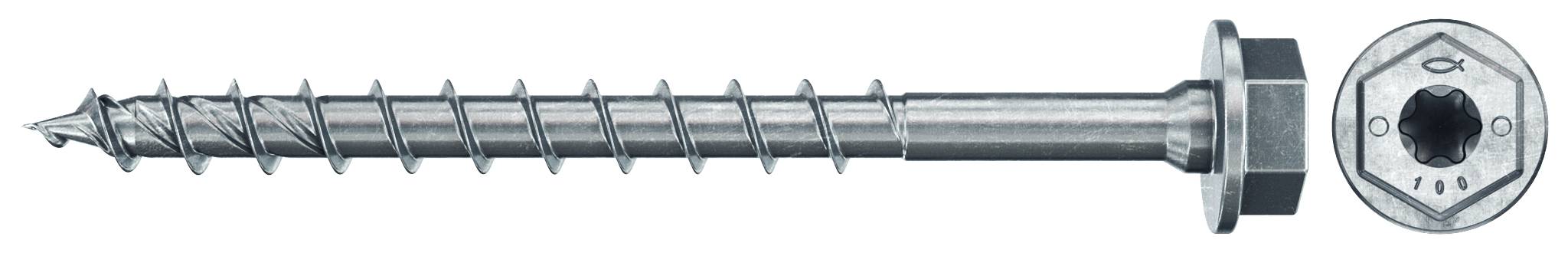 Metalen schroefanker met zeskantige boorkop, weergegeven in zijaanzicht en bovenaanzicht.