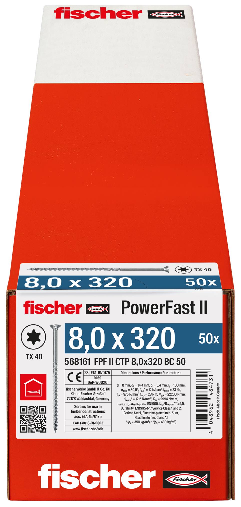Doos fischer PowerFast II TX 40 schroeven, gelabeld 8.0 x 320, 50 stuks verpakking, met rood en wit verpakkingsmateriaal.