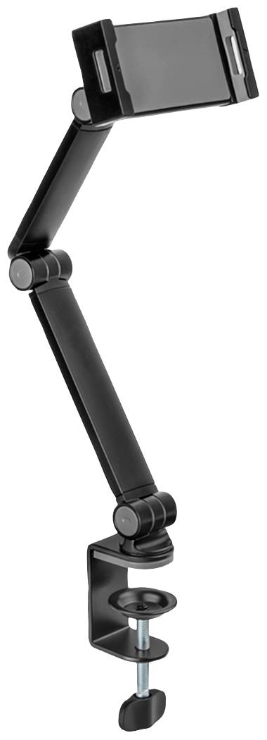 Zwarte, verstelbare telefoonhouder met klem om aan een tafel te bevestigen. Geschikt voor flexibele positionering van smartphones.