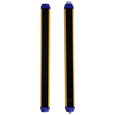 Twee parallel geplaatste, langwerpige veiligheidslichtschermen in geel en zwart, met blauwe eindkappen, rechtop staand.