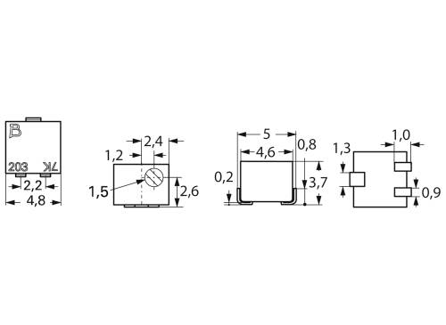 Elektronische component met technische afmetingen. Weergave toont bovenaanzicht en zijaanzicht met maatvoering in millimeters.