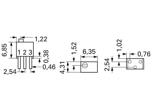 Elektronisch onderdeel met drie pinnen, weergegeven in drie aanzichten met nauwkeurige afmetingen in millimeters.