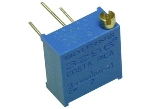 Een blauwe trimpotentiometer met drie pinnen. Opschrift: 'Bourns 3296 Costa Rica'. Wordt gebruikt voor het instellen van elektrische weerstanden.