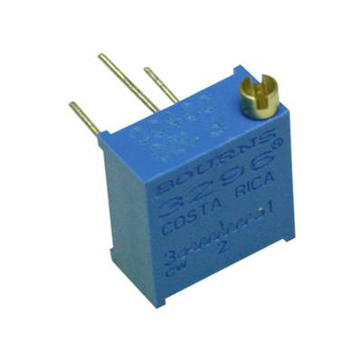 Een blauwe trimpotentiometer met drie pinnen. Opschrift: 'Bourns 3296 Costa Rica'. Wordt gebruikt voor het instellen van elektrische weerstanden.