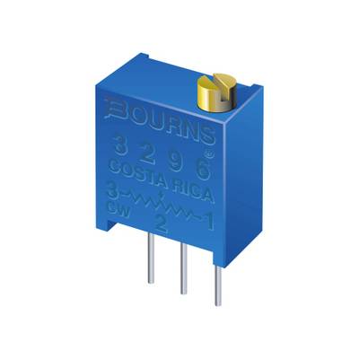 Blauwe potentiometer van het merk Bourns met drie metalen aansluitingen en een instelbare schroef. Markering '3296 Costa Rica CW 321'.