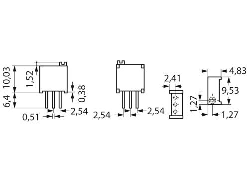 Technische tekening van een elektronisch onderdeel met afmetingen in millimeters. Toont voor-, zij- en bovenaanzicht.